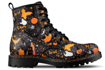 Halloween themed boot with ghosts bats and pumpkins a festive fashion statement for the spooky season isolated on white