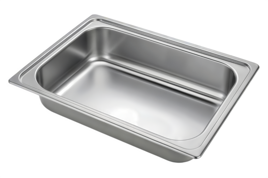 Stainless steel sink tray isolated on transparent background with smooth edges and polished surface. Sink tray design is versatile for kitchens, restaurants, and catering purposes.