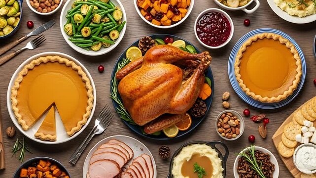 A festive Thanksgiving feast with a golden turkey centerpiece pies and an array of sides perfect for a holiday gathering