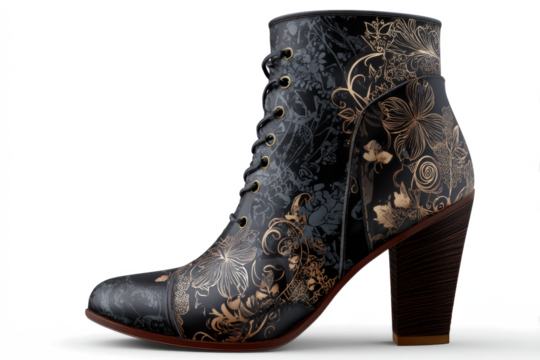 Elegant ankle boot with floral pattern dark leather high heel shoe for women isolated on white background