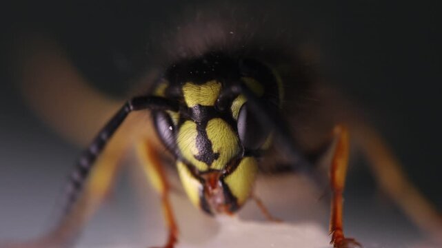Wasp eating honey, extreme close-up shot. Eyes texture. Macro view