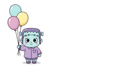 Fototapeta premium Cute frankenstein with balloons isolated on white background, perfect for halloweenthemed designs and childrens illustrations with a playful touch