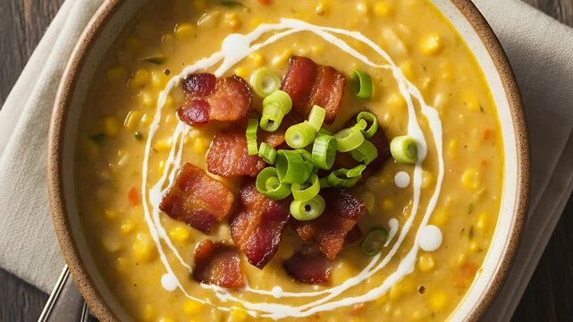 Creamy corn chowder with crispy bacon crumbles and fresh scallions swirled with cream A comforting dish on a rustic wooden table