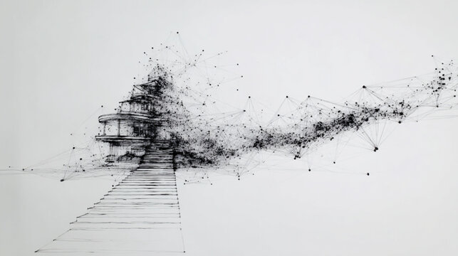 Abstract architectural sketch of a building deconstructing into particles.
