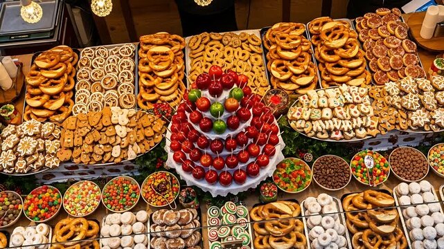 Festive market stall brimming with pretzels gingerbread candy and candied apples creates a tempting display of holiday treats