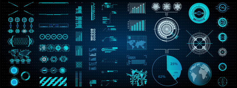 This visual showcases a futuristic digital interface filled with data representations, including charts, graphs, and a world map, highlighting analytics and insights.