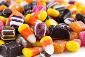 Pile of colorful assorted candies including candy corn and jelly perfect for Halloween or a sweet treat