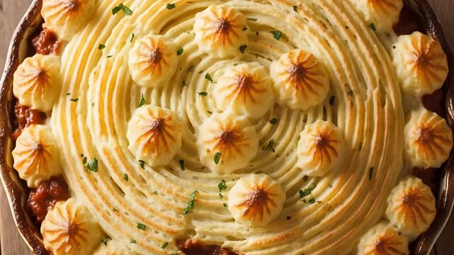 Overhead view of a freshly baked savory pie with mashed potato topping featuring delicate swirls and decorative potato rosettes