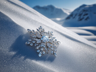 A huge bejeweled brooch embedded in the snow on an alpine slope, glinting facets, editorial luxury winter campaign style