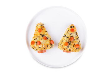 Basil cheese garlic sausage Puff pastry pies in the form of Christmas tree for Christmas holidays on a white isolated background