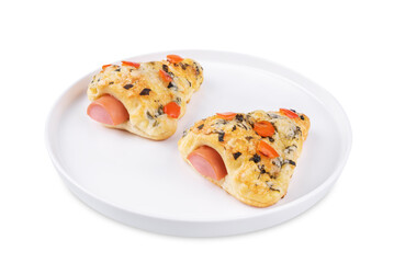 Basil cheese garlic sausage Puff pastry pies in the form of Christmas tree for Christmas holidays on a white isolated background