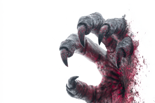 Monster claw reaching out scary hand with sharp nails isolated on white background for Halloween design