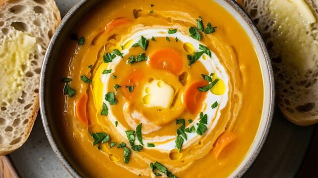 Warm and inviting carrot soup with crusty bread Comfort food at its best for a chilly day A delicious and colorful culinary creation