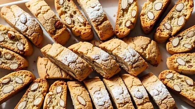 Artisan biscotti display : crunchy almond cookies with delicate dusting perfect with coffee for a delightful treat on sunlit table