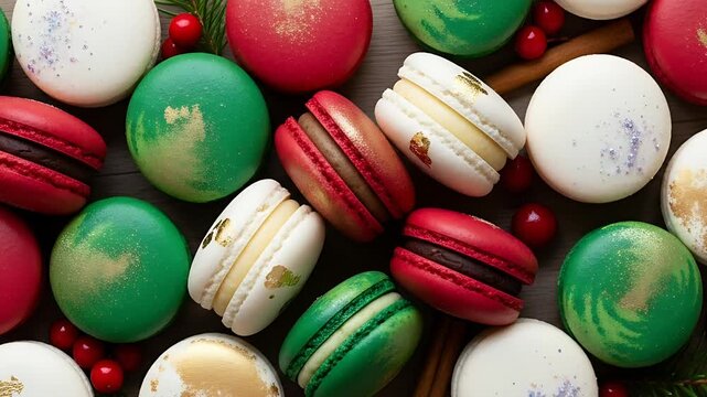 Festive macarons in red green and white decorated with gold accents scattered with cinnamon sticks and cranberries