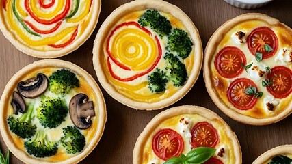 Assortment of mini quiches : vibrant veggie tarts with peppers mushrooms spinach tomatoes and broccoli Served with dip on wooden board - Powered by Adobe