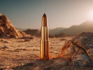 matte metallic lipstick standing in a desert like a monolith, golden hour backlight, minimalistic editorial aesthetic