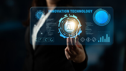 Innovation technology driven by Artificial Intelligence (AI). A concept of future tech development, machine learning, and business process automation. Motif