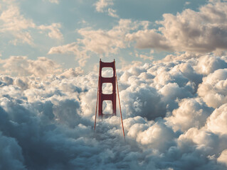Golden Gate Bridge dissolving into clouds, dreamy cinematic perspective
