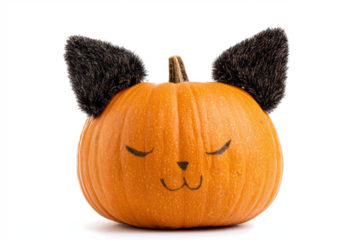 Cute Halloween pumpkin with cat ears and drawn face isolated on white a fun and creative decoration