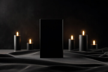 memorial candle display, a serious film homage with a front view showing a solid black amidst realistic, emotional lighting and glowing candles