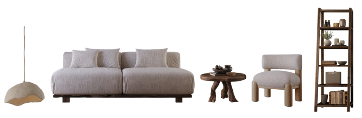 Wabi-sabi furniture style for interior isolated. 3d rendering PNG