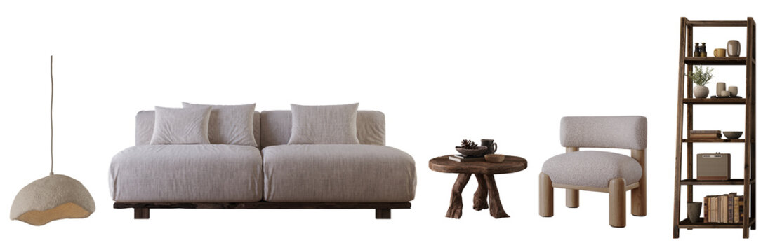 Wabi-sabi furniture style for interior isolated. 3d rendering PNG