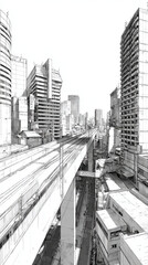 Fototapeta premium Black and white architectural sketch of an elevated railway system.