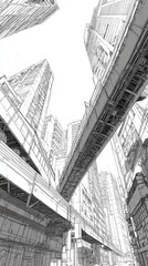 Fototapeta premium Black and white line art drawing of a dense urban cityscape from a low angle perspective.