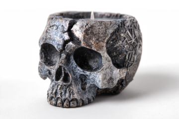 Skull shaped candle holder made of stone unique gothic home decor on a white background
