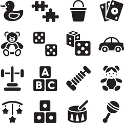 toy silhouette vector set rubber duck teddy bear puzzle blocks dice car xylophone maraca for children