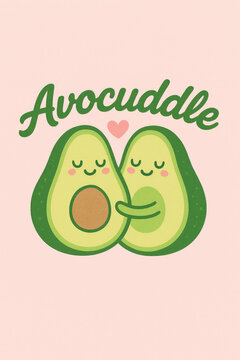 Adorable 'Avocuddle' graphic: two cute cartoon avocado halves hugging under a pink heart on a pastel background. This heartwarming design celebrates love, friendship, and wholesome connections, perfec