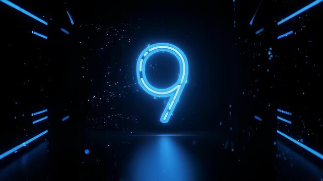 A futuristic digital scene featuring a glowing neon number nine with blue accents against a dark background