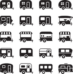 black and white vector set of trailer camper van food truck and market stall icons travel caravan and mobile units