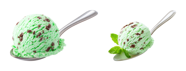 Refreshing Mint Chocolate Chip Ice Cream Scoop on Spoon PNG Set Transparent Background