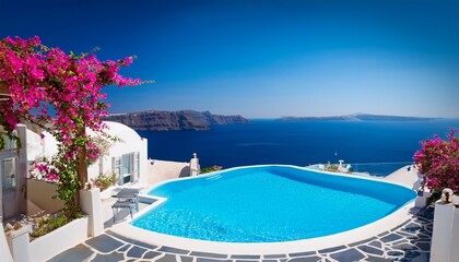 santorini island greece luxury swimming pool with blue water and flowers