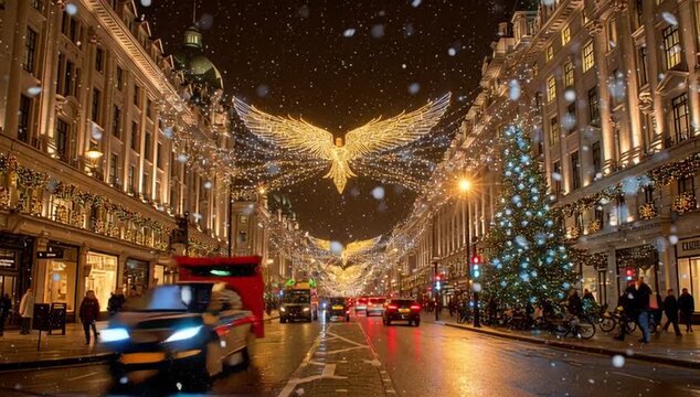 Christmas time in London with selective focus on a christmas tree in front of the festive decorated Regent Street with falling snow during night time
