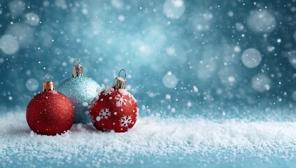 Super slow motion of falling snow with christmas glass balls. Filmed on high speed cinema camera - Powered by Adobe