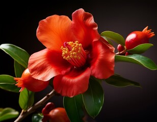 red pomegranate flowers punica granatum branch isolated on dark background