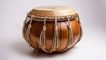 traditional wooden handcrafted tabla drum with rope detailing for cultural musical use on white background