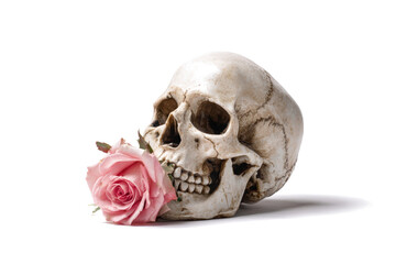 Human skull with a pink rose in its mouth studio shot on white symbolizing mortality and the beauty of life