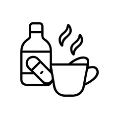 Cold remedy concept featuring cup, bottle, and band-aid icons  