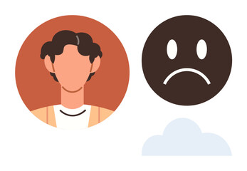 Person facing forward alongside a sad face icon, representing emotions, mental health, contrast, moods. Ideal for psychology, stress, empathy, self-awareness emotional balance simple flat metaphor