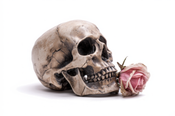 Human skull with a pink rose a symbol of mortality and beauty isolated on white background