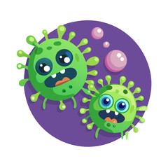 Cartoon germs with expressive faces on purple background  