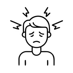 Young man with headache expressing discomfort with symbols of pain  