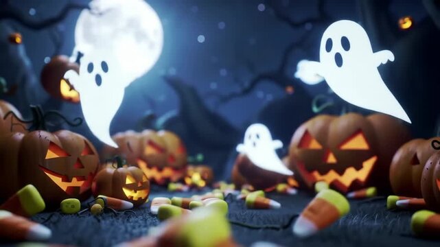 Halloween spooky scene Jack o' lanterns, candy corn, and ghosts, moonlit forest, suitable for holiday media