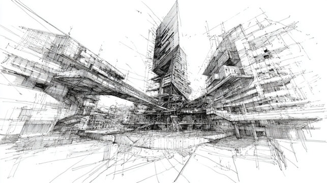 Monochrome sketch of a futuristic deconstructed urban cityscape.