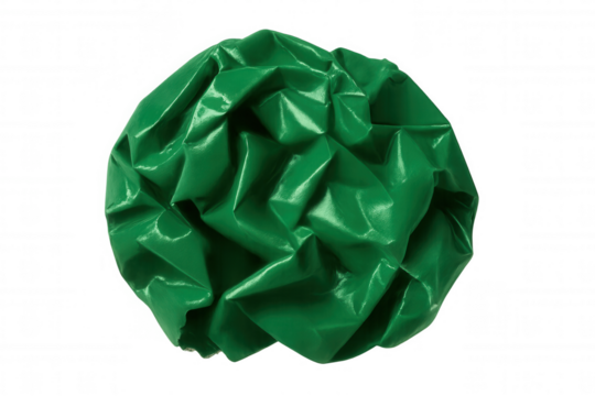 Green crumpled shiny sphere abstract shape representing waste, recycling, and environmental concepts with transparent background - Powered by Adobe