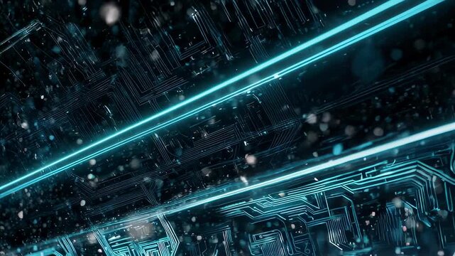Abstract image featuring neon-like lines, circuitry, and bokeh effect on a dark, futuristic backdrop